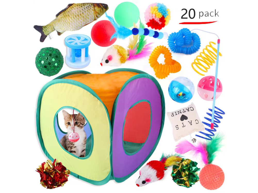 Lot de jouets avec camp pour chat - 20 unités (avec panier de rangement)